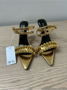 JW PEI Metallic Gold Beaded Pointed-Toe Heeled Sandals